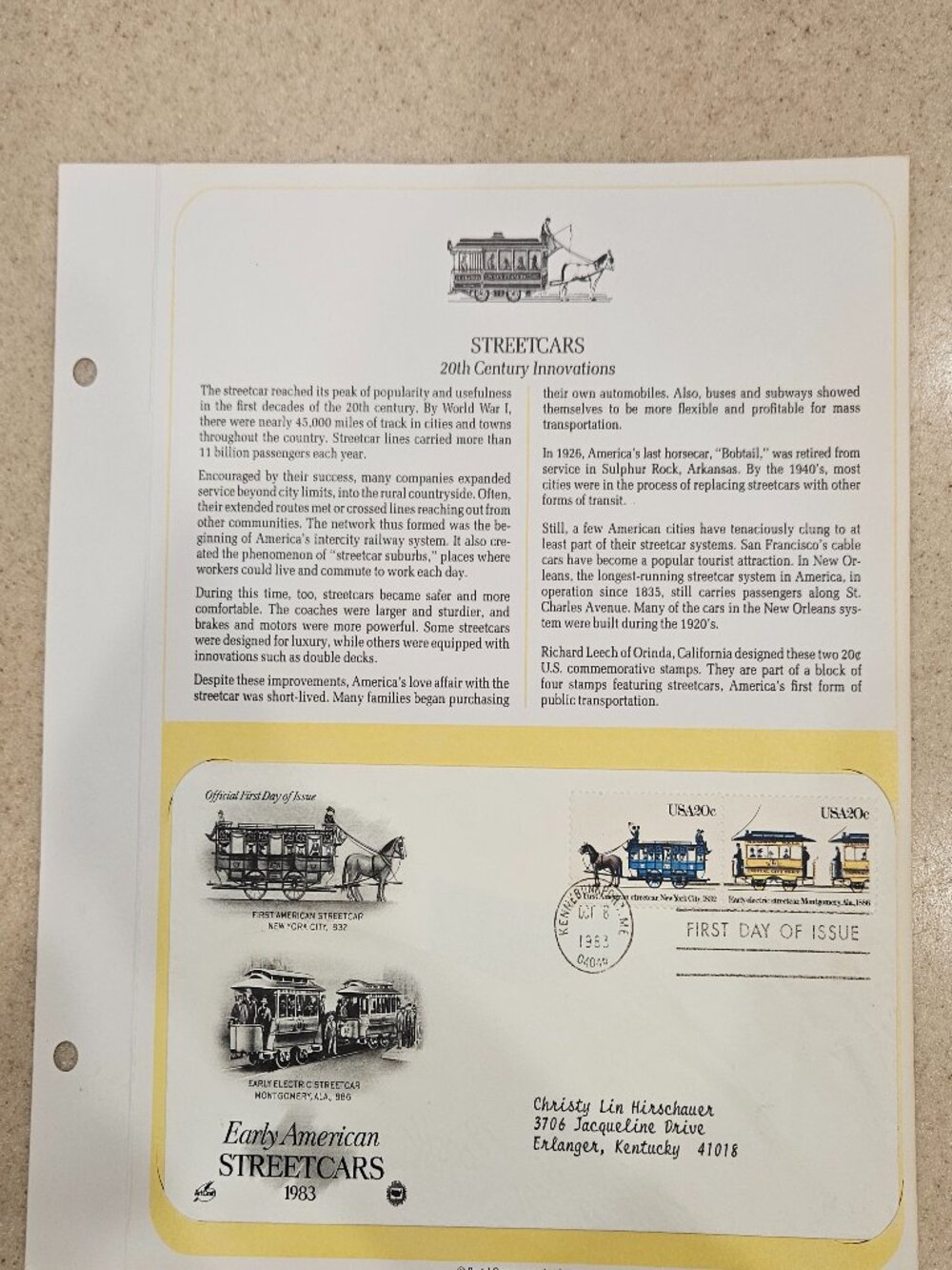 RARE COLLECTIBLE USPS 1ST DAY ISSUE COVER EARLY AMERICAN STREETCARS STAMP FDC